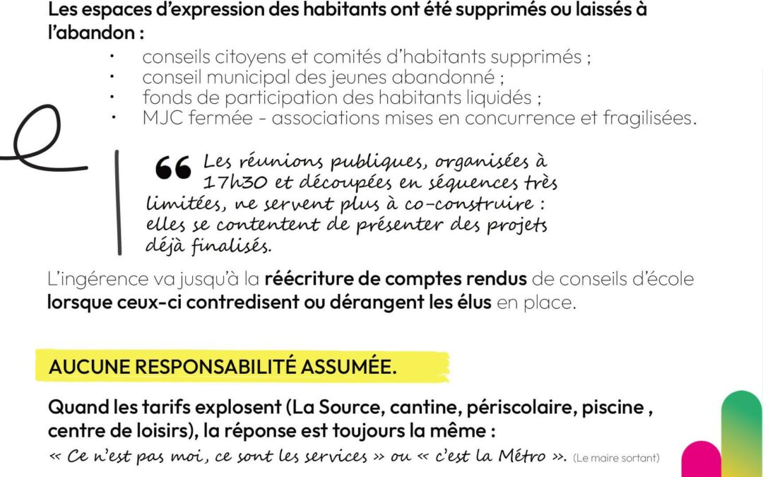 « Nous sommes transparents et nous faisons de la concertation » (dixit le maire sortant) : FAUX