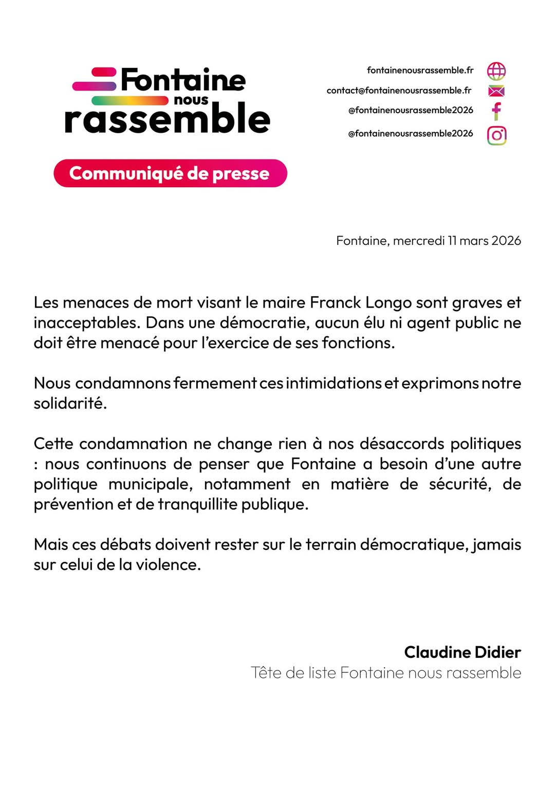 Communiqué de presse suite aux menaces de mort visant F Longo
