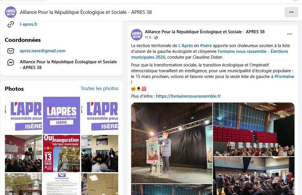 Alliance Pour la République Écologique et Sociale soutient « Fontaine nous rassemble »