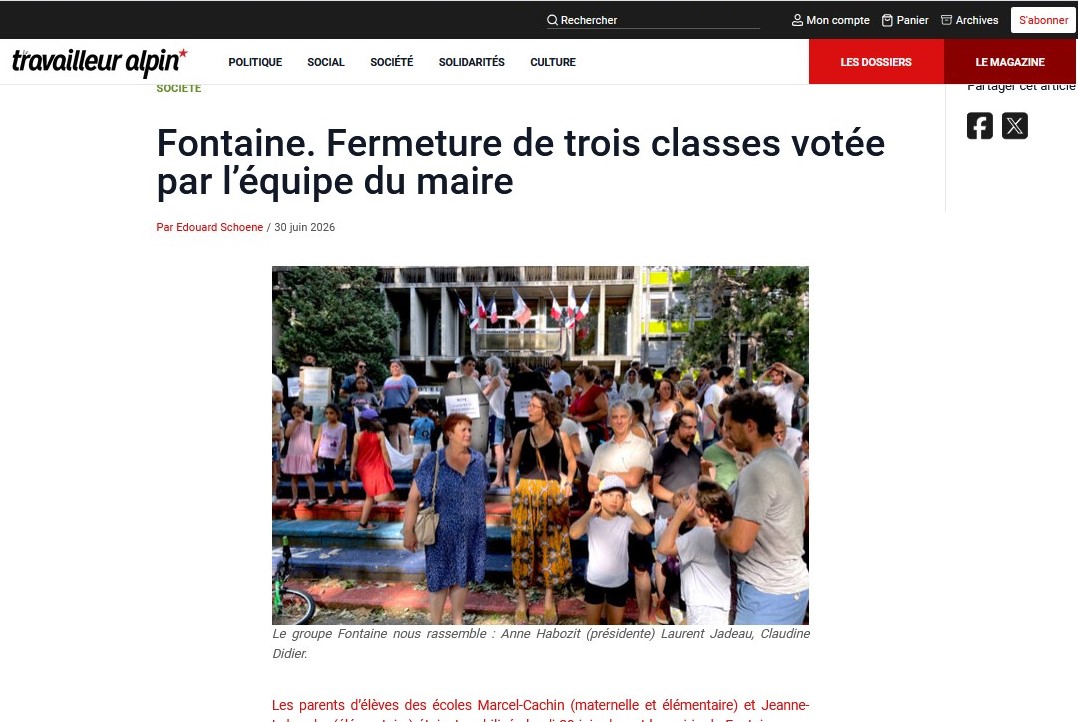 Article du Travailleur Alpin sur la décison du Maire de Fontaine de fermer des écoles